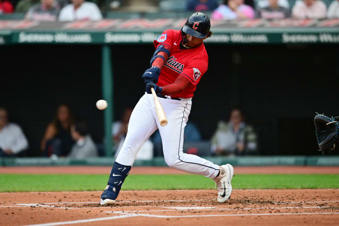 Sep 16, 2023; Cleveland, Ohio, USA; Cleveland Guardians catcher Bo Naylor (23) hits a single during the second inning against the Texas Rangers at Progressive Field.